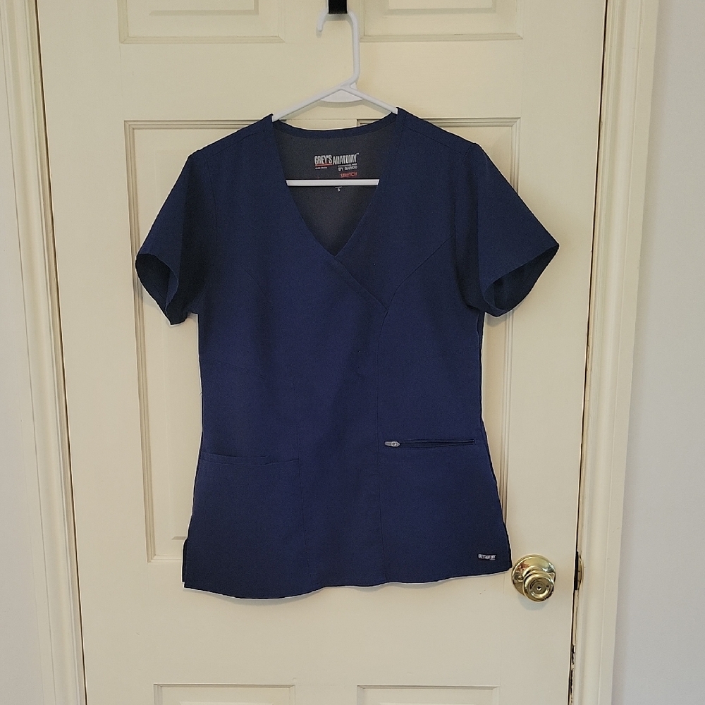 Grey's Anatomy By Barco Spandex Stretch Navy Women's V-Neck Scrub Top Size Small